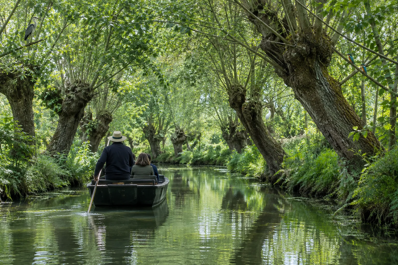 Une petite barque avance sur un canal étroit bordé de frênes têtards.