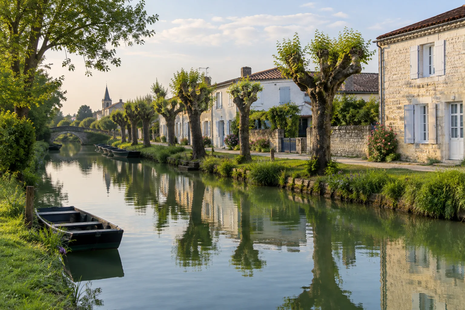 Un canal ombragé du Marais poitevin où une barque avance entre les arbres.