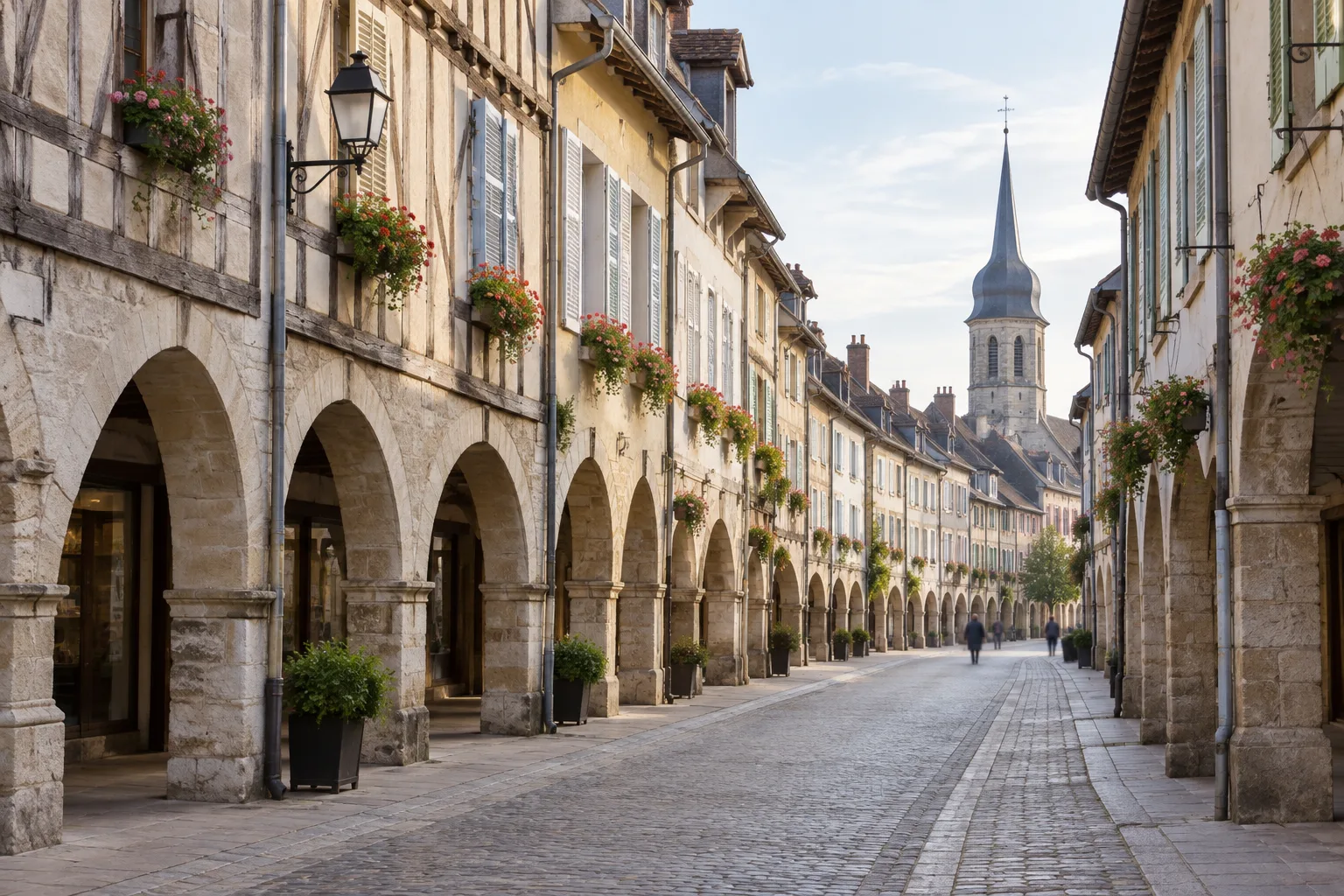 Les arcades de la Grande Rue à Louhans, sous une lumière douce du matin.