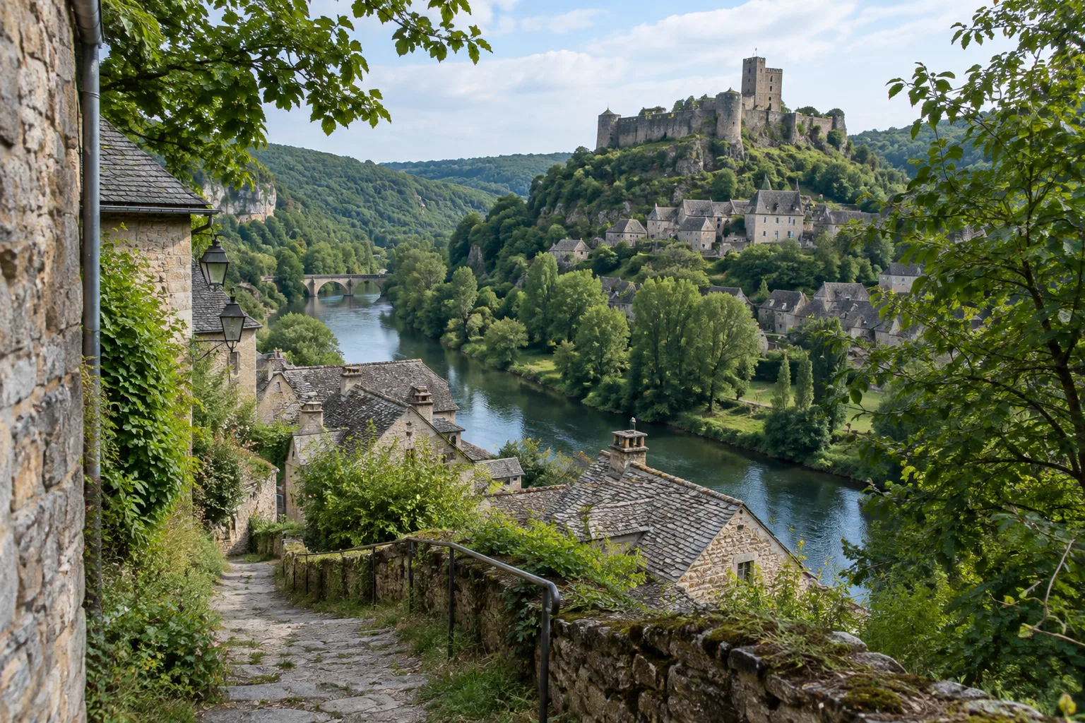 Un chemin descend vers l’Aveyron avec les toits de Najac et son château en hauteur.