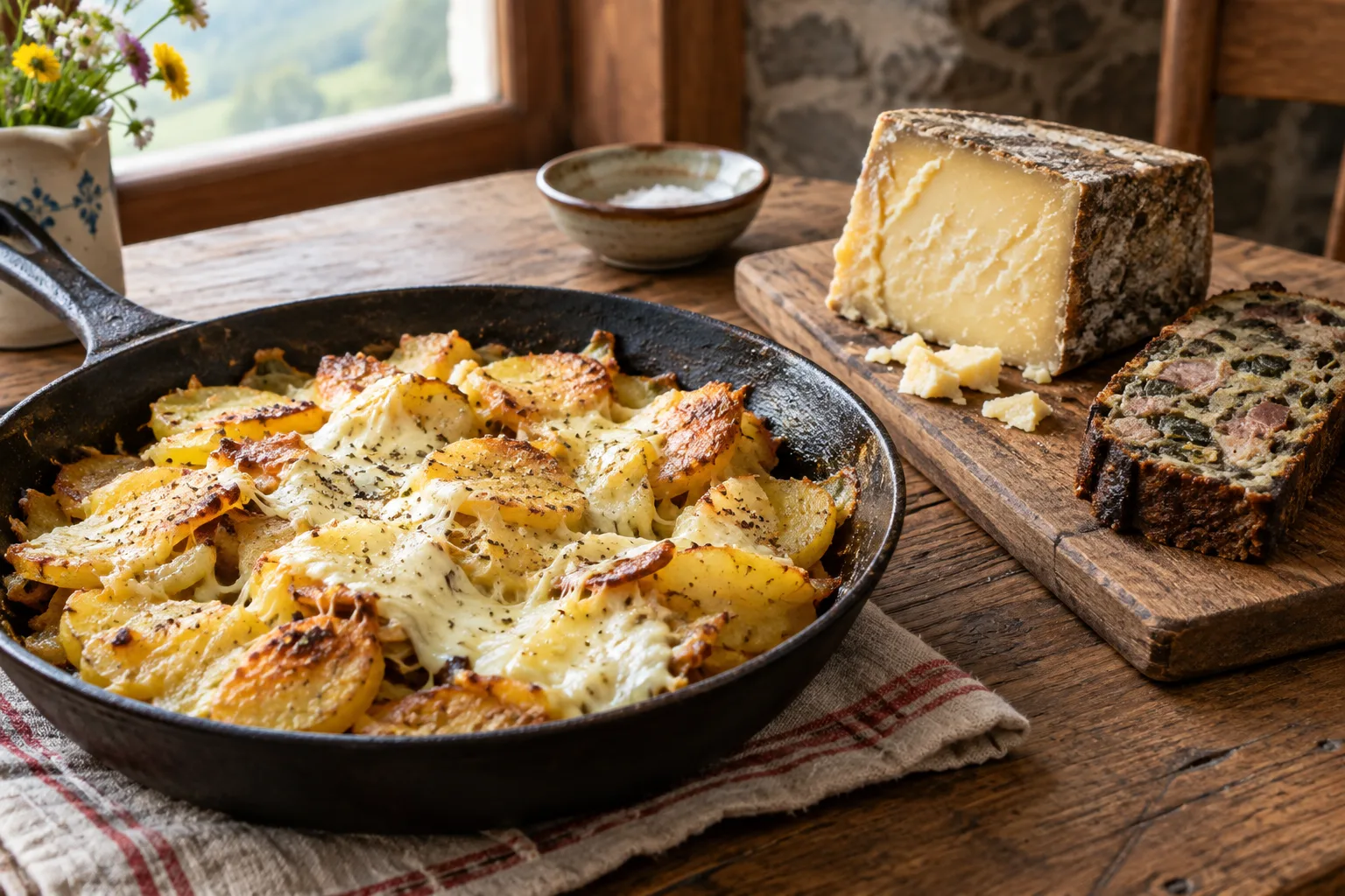 Truffade dorée, fromage Salers et tranche de pounti servis sur une table en bois.