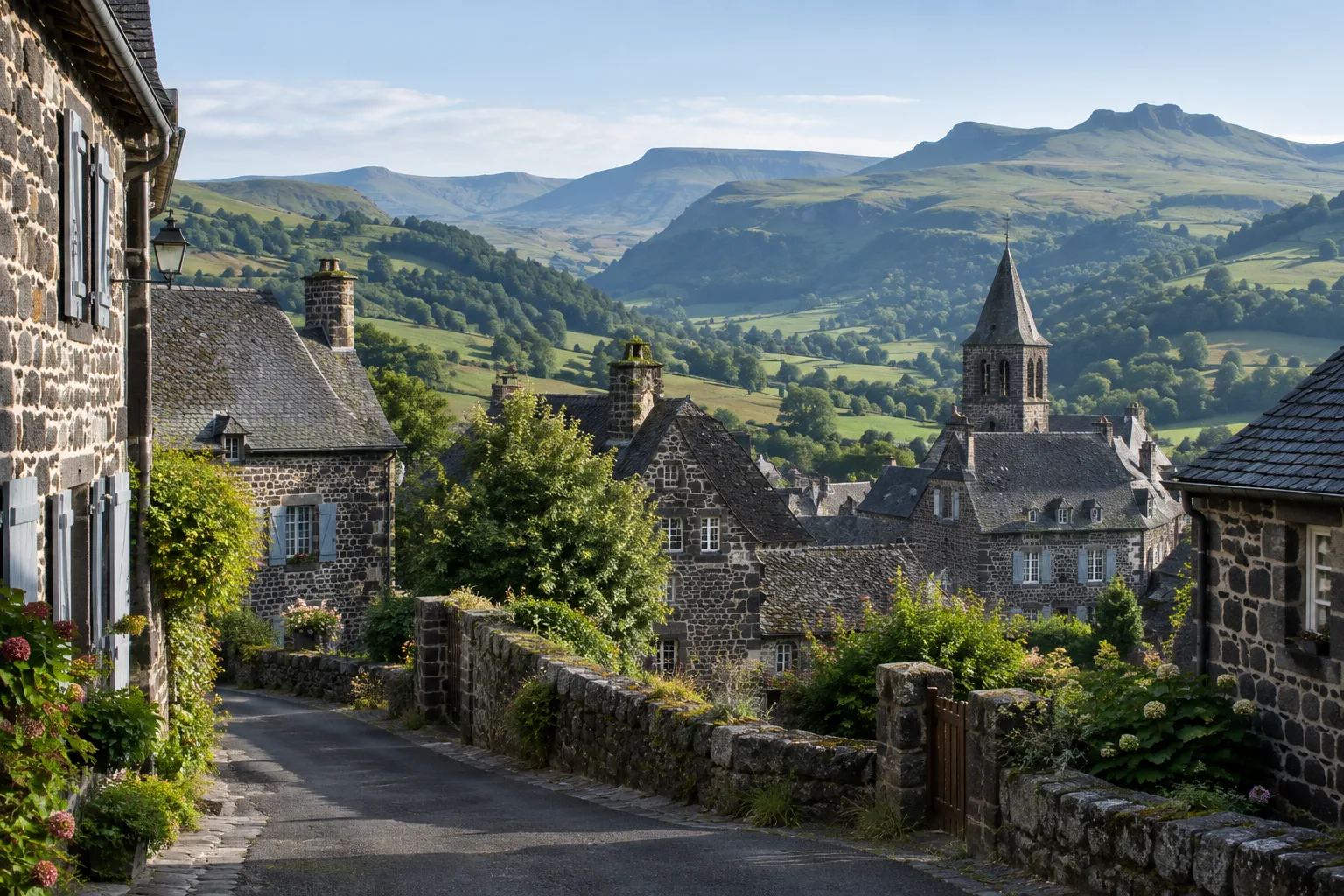 Maisons en pierre volcanique dans une ruelle de Salers, avec les reliefs du Cantal en arrière-plan.