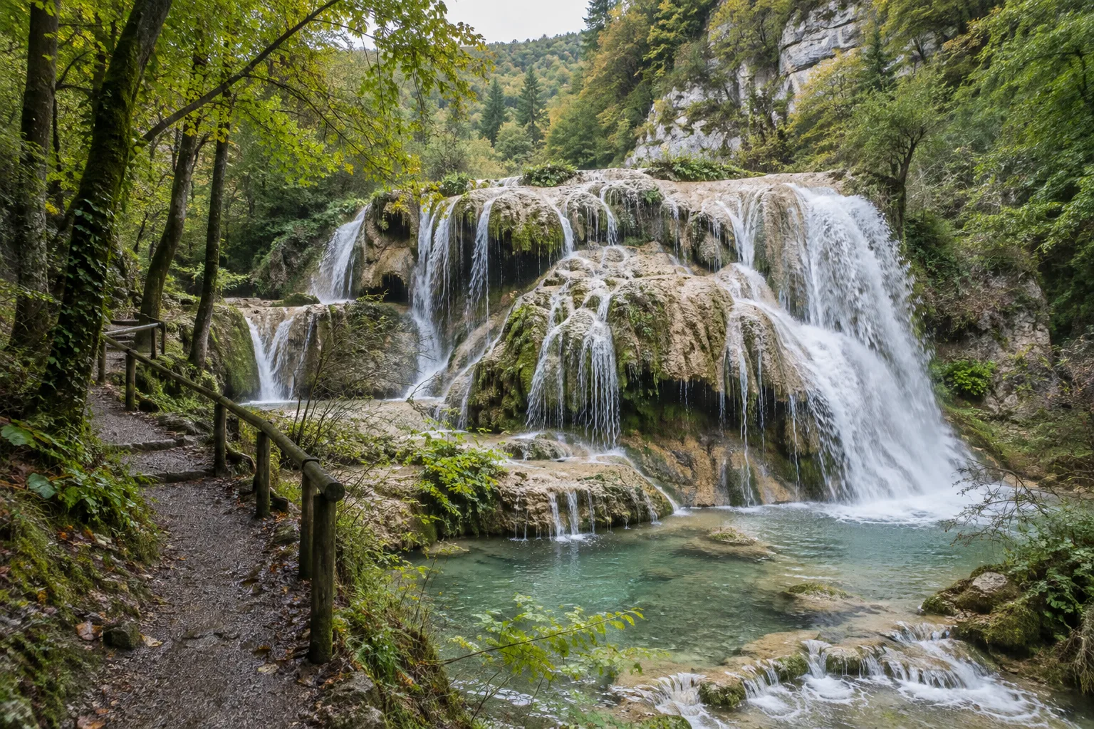 L’eau de la Cuisance coule sur les formations calcaires de la cascade des Tufs.
