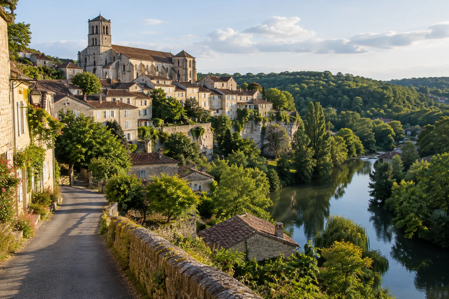 Les maisons de pierre d’Aubeterre-sur-Dronne dominent la vallée verdoyante de la Dronne.