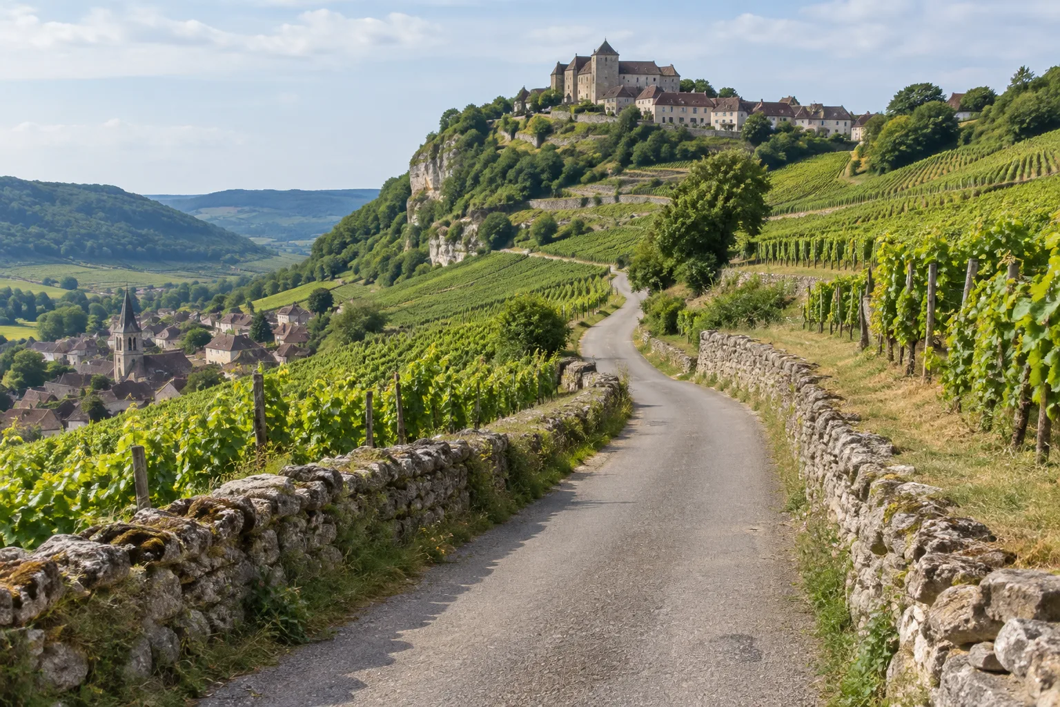 Une route traverse les rangs de vigne en montant vers Château-Chalon.