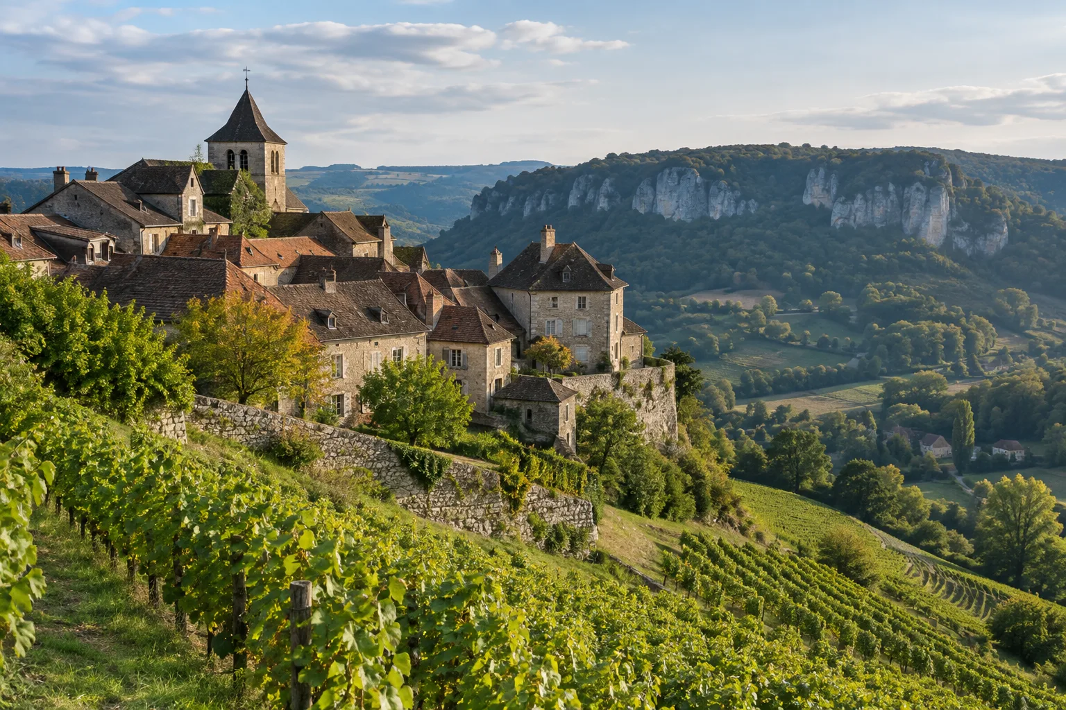 Le village de Château-Chalon domine les coteaux de vignes du Jura.
