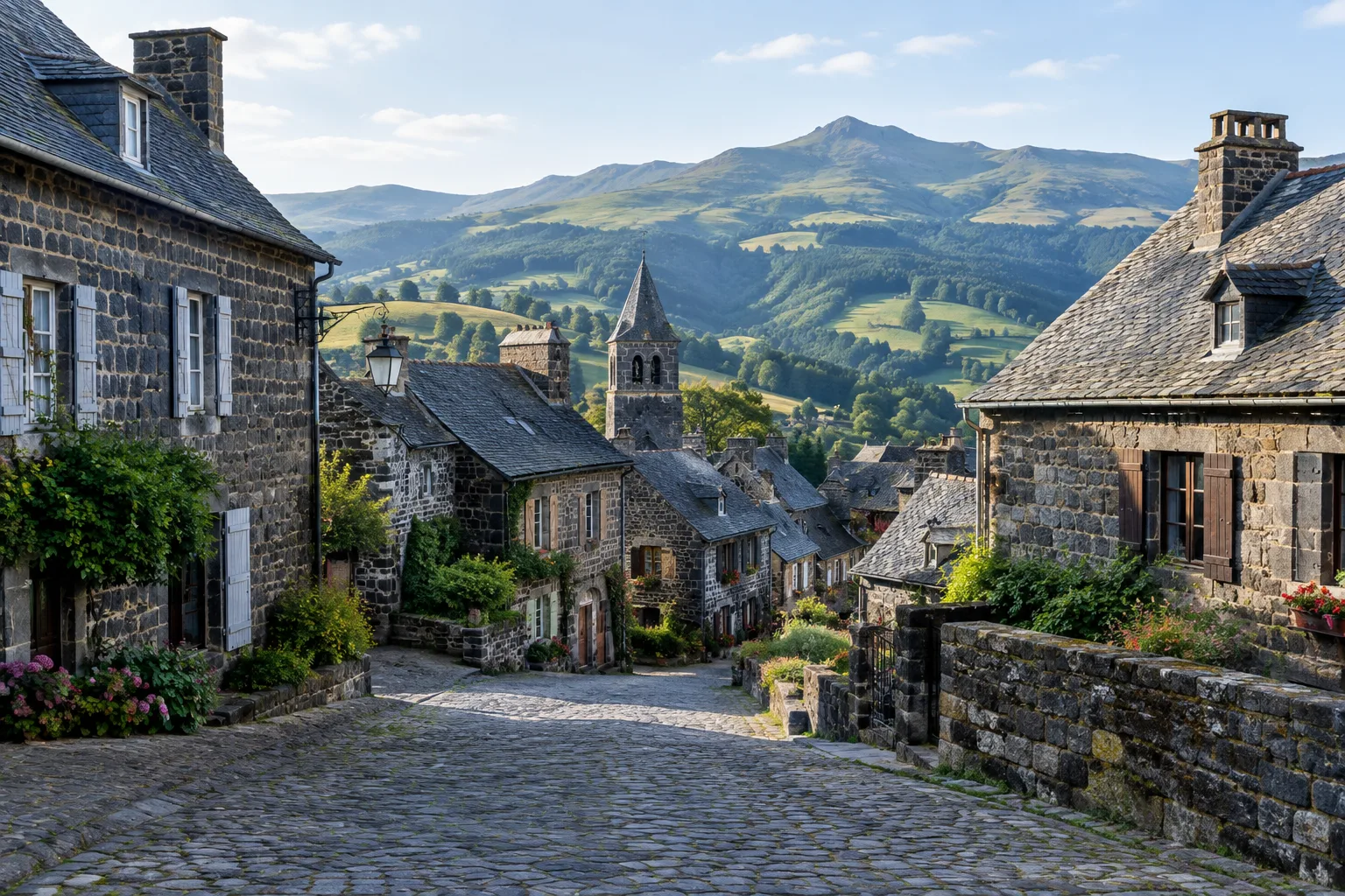 Les maisons de pierre sombre de Salers se détachent devant les reliefs du Cantal.
