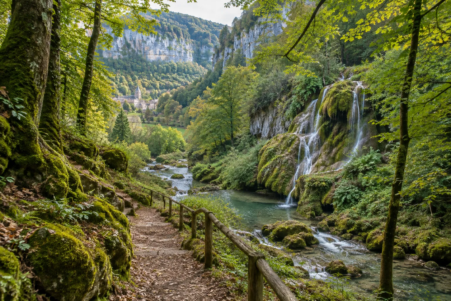 Un sentier descend vers les rochers moussus et les eaux de la cascade des Tufs.