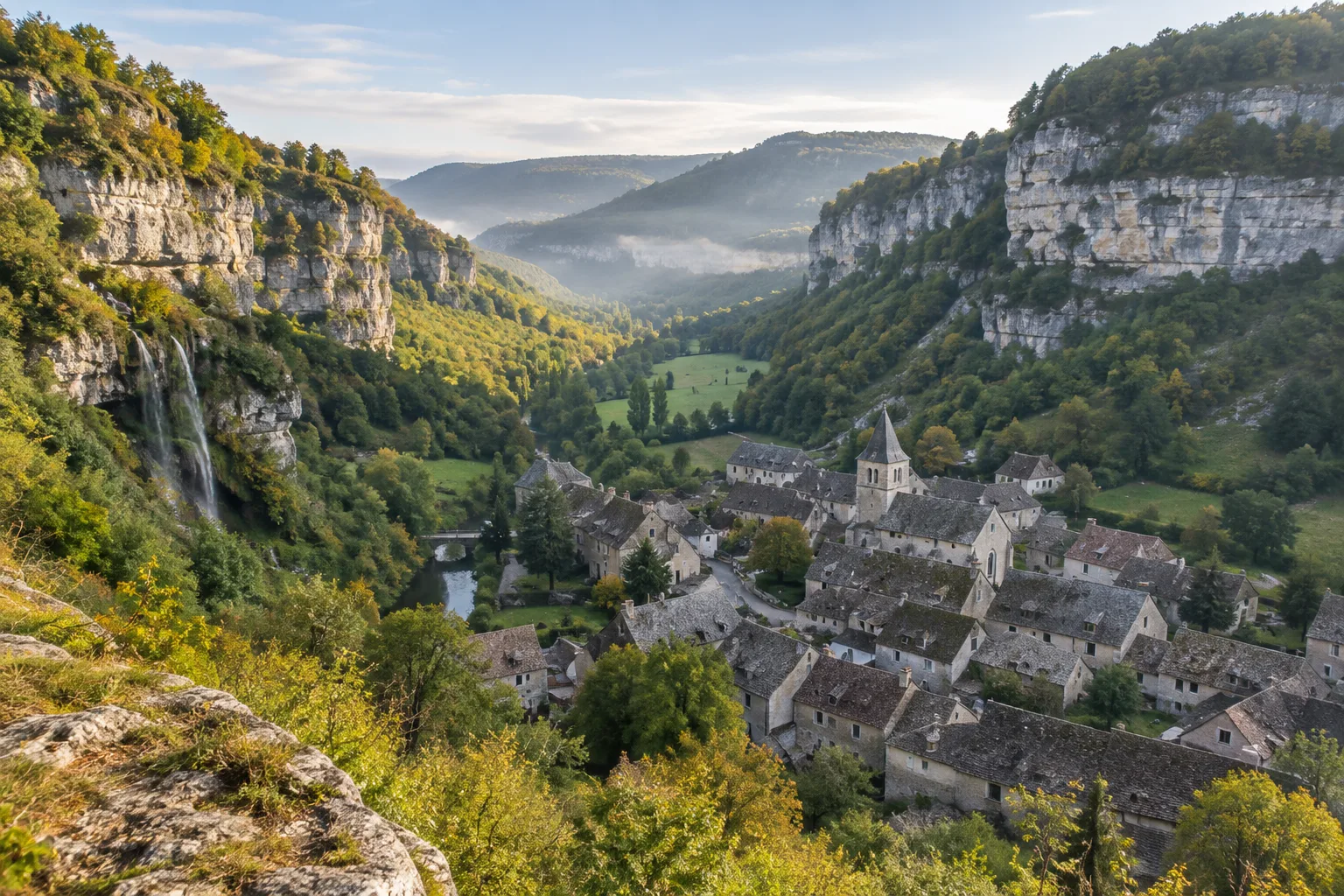 Le village de Baume-les-Messieurs blotti au fond d’une reculée entre des falaises calcaires.