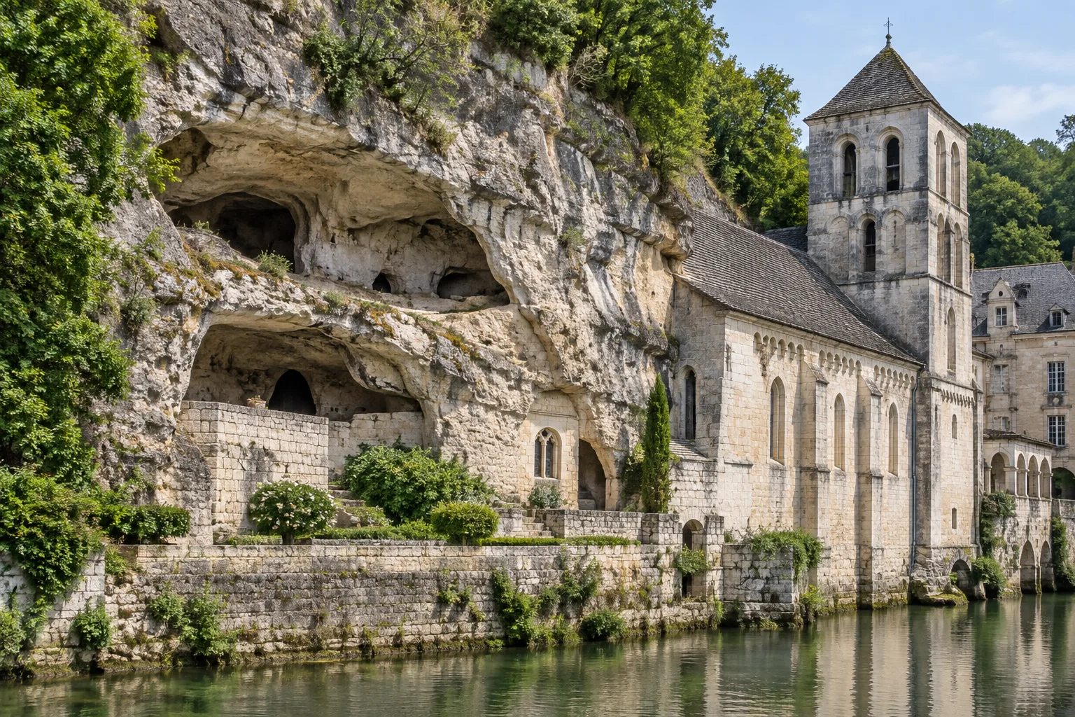 La falaise calcaire et les espaces troglodytiques jouxtent les bâtiments de l’abbaye de Brantôme.