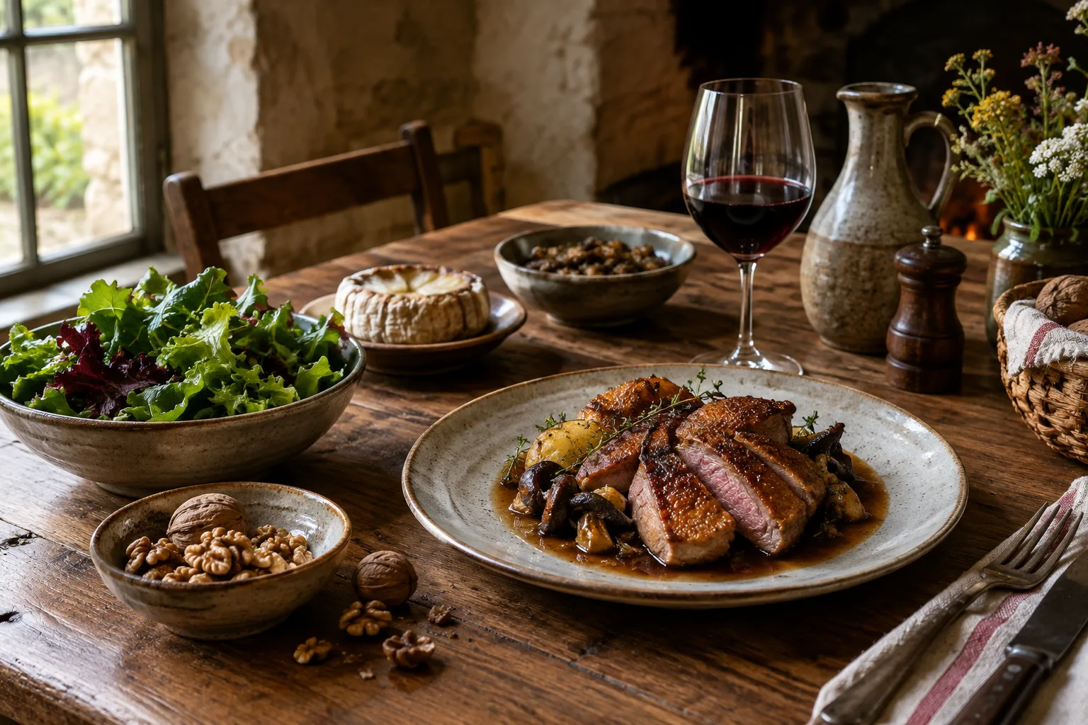Un plat de canard accompagné de verdure et de noix, servi sur une table en bois.