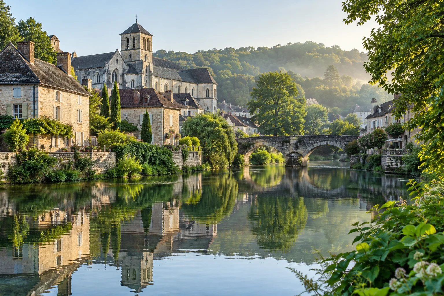 Les maisons de pierre de Brantôme se reflètent dans les eaux calmes de la Dronne.