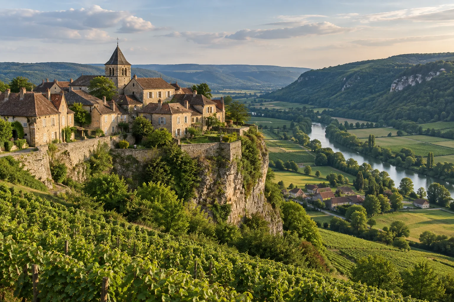 Les vignes et les bourgs de la vallée de la Seille vus depuis le belvédère de Château-Chalon.