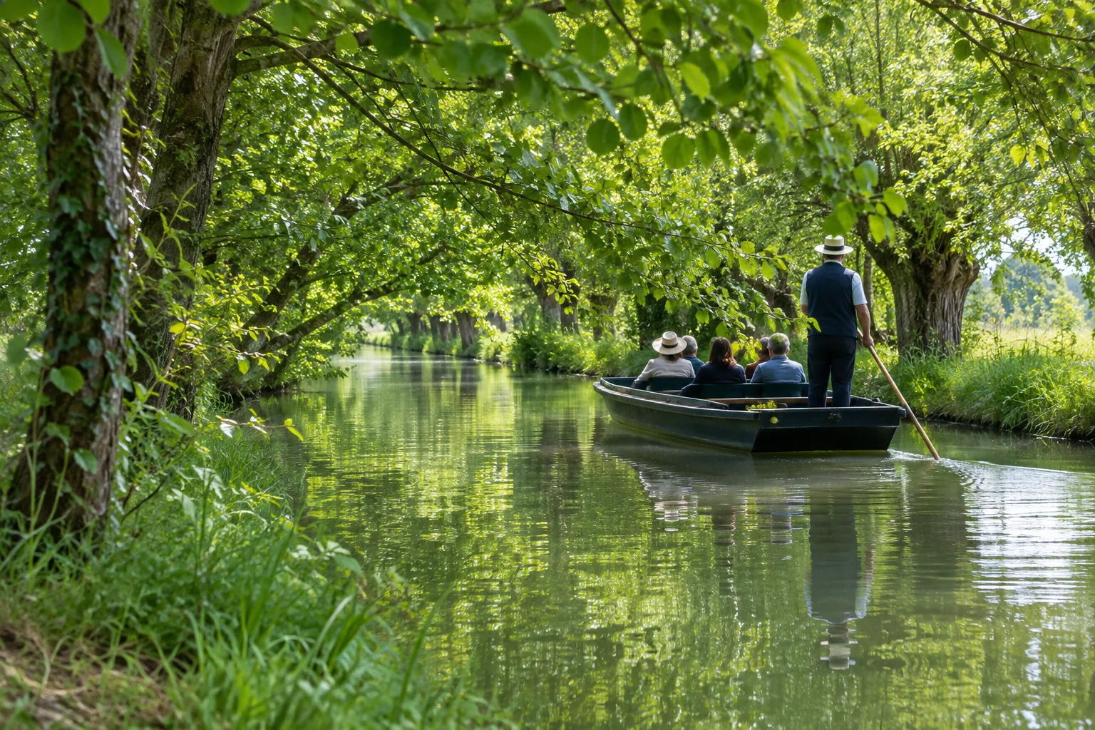 Une barque traditionnelle avance sur un canal ombragé du Marais poitevin.