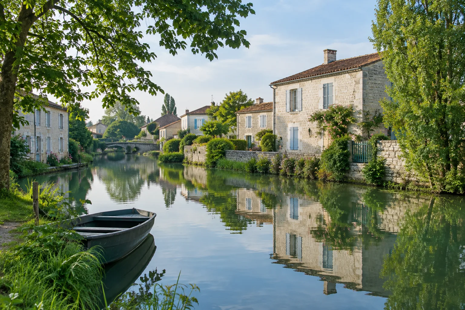 Maisons de Coulon et barque amarrée au bord d’un canal du Marais poitevin.