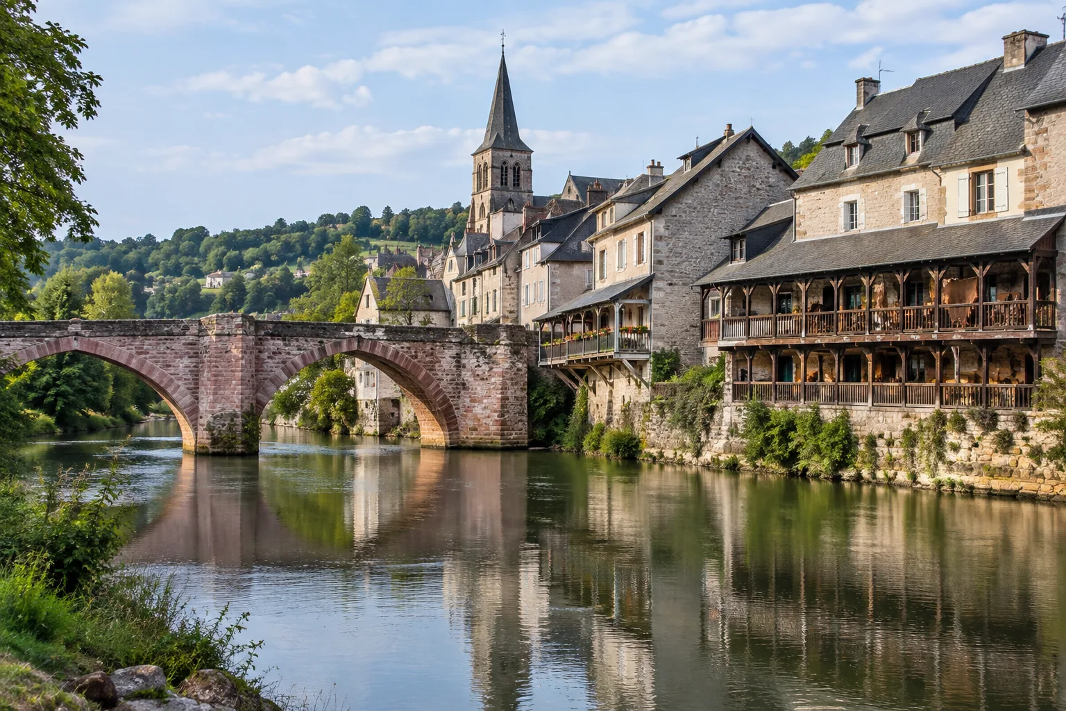Le Pont-Vieux d’Espalion et les anciennes maisons de tanneurs se reflètent dans le Lot.