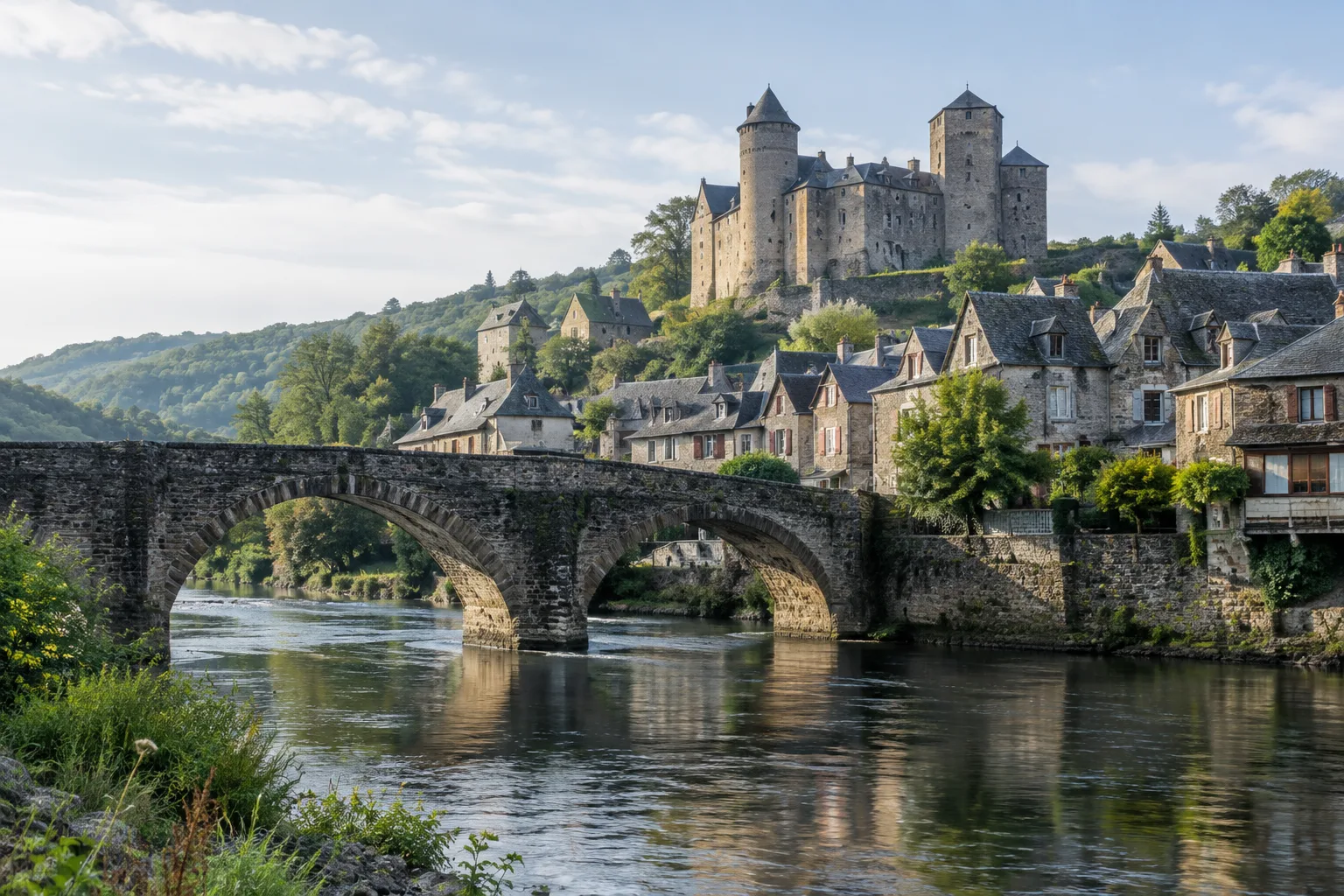 Le pont médiéval d’Estaing franchit le Lot au pied du château et des maisons de pierre.
