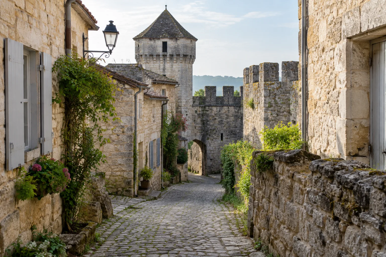 Une ruelle pavée longe les maisons de pierre et les remparts de Larressingle.