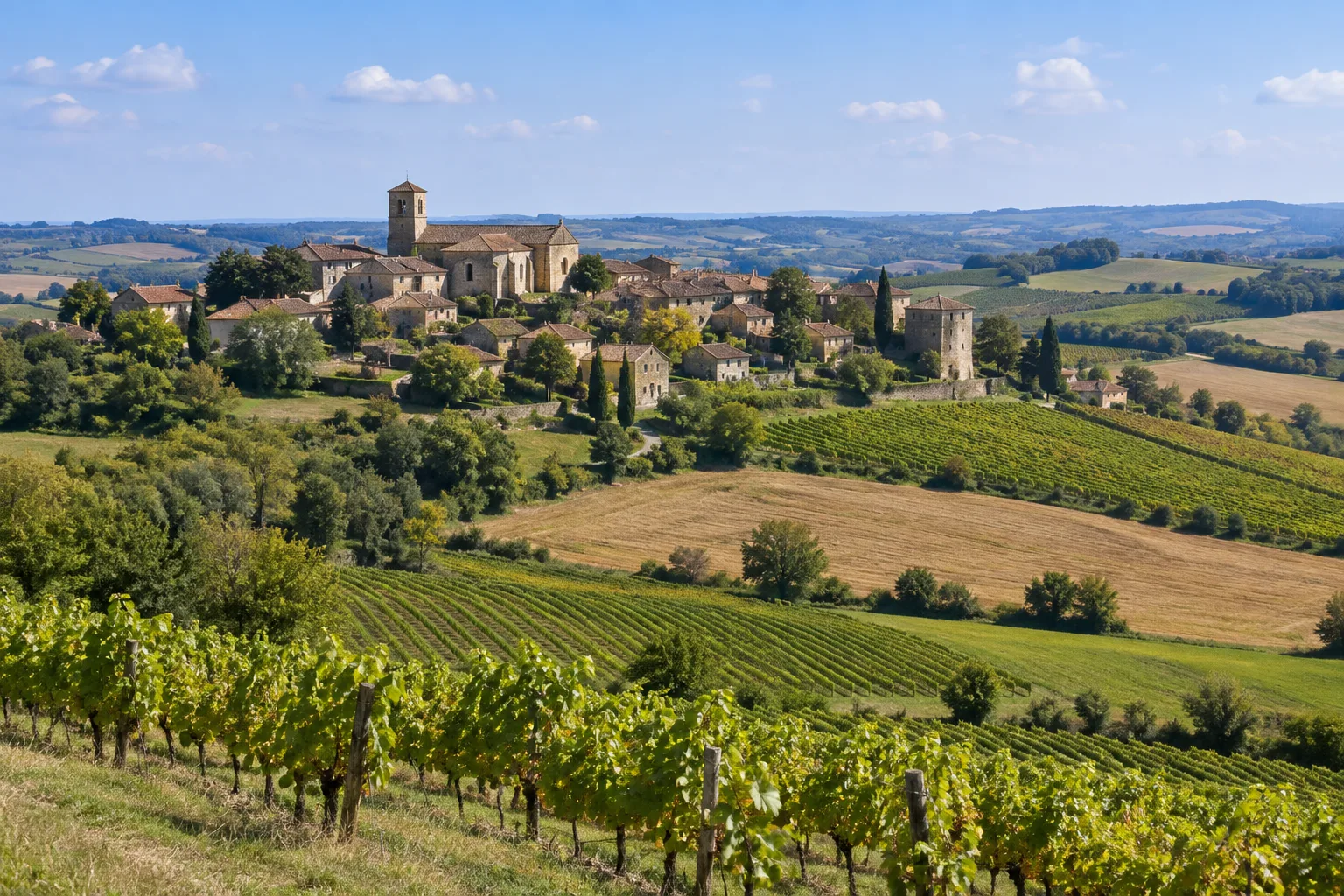 Les remparts de pierre de Larressingle dominent les champs et les vignes du Gers.