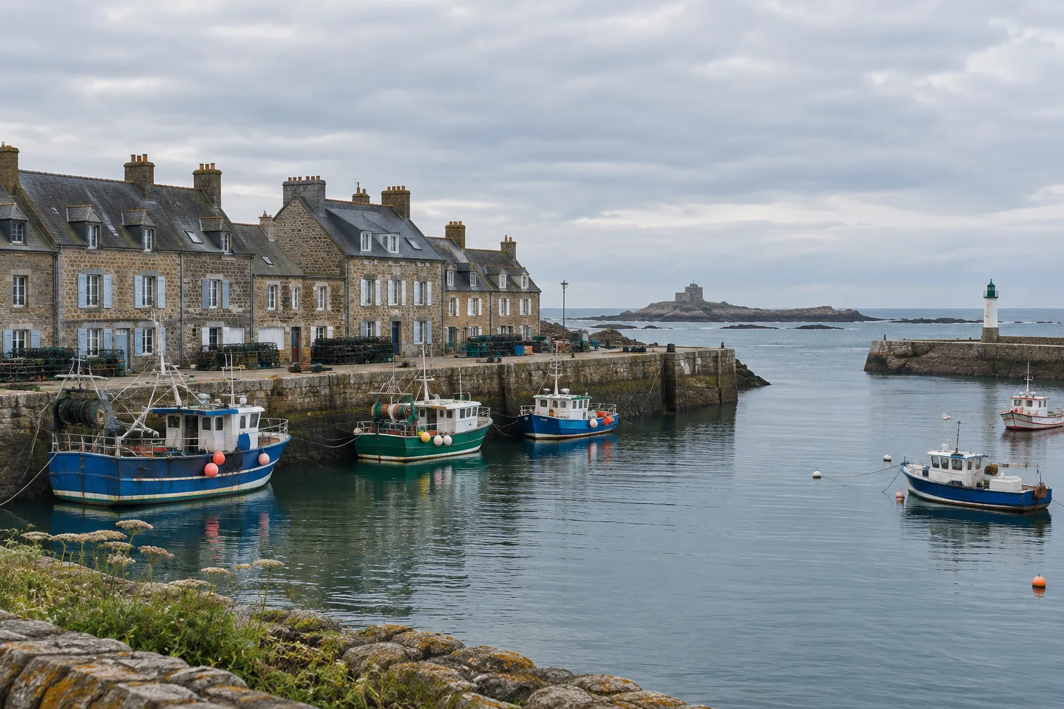Le port de Barfleur et ses maisons de granit face à la Manche.