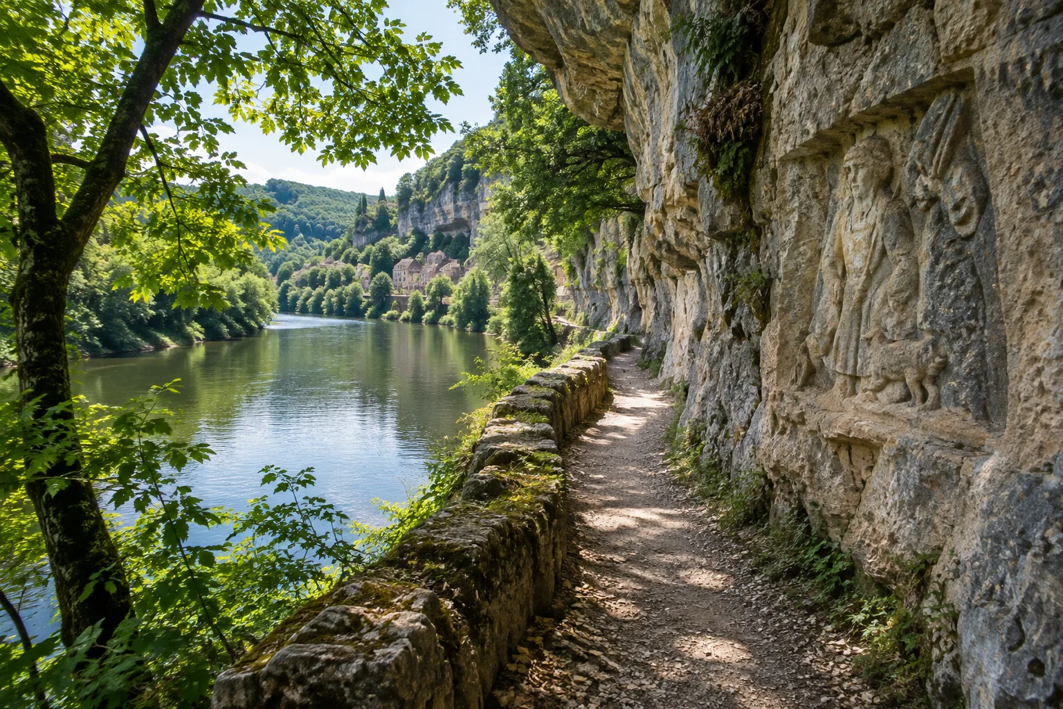 Le chemin de halage taillé dans la falaise suit les berges du Lot.