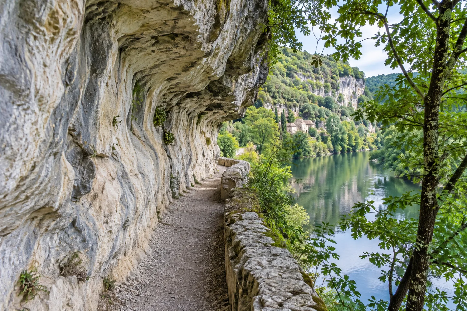 Le chemin de halage creusé dans la falaise calcaire longe le Lot près de Bouziès.