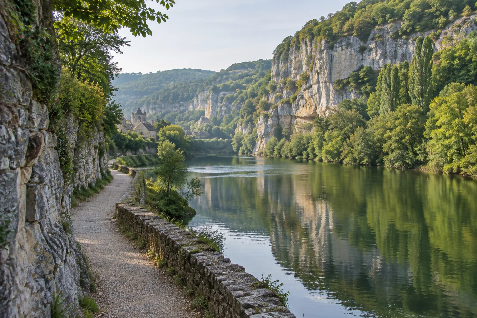 Le chemin de halage longe le Lot au pied d’une falaise calcaire près de Bouziès.