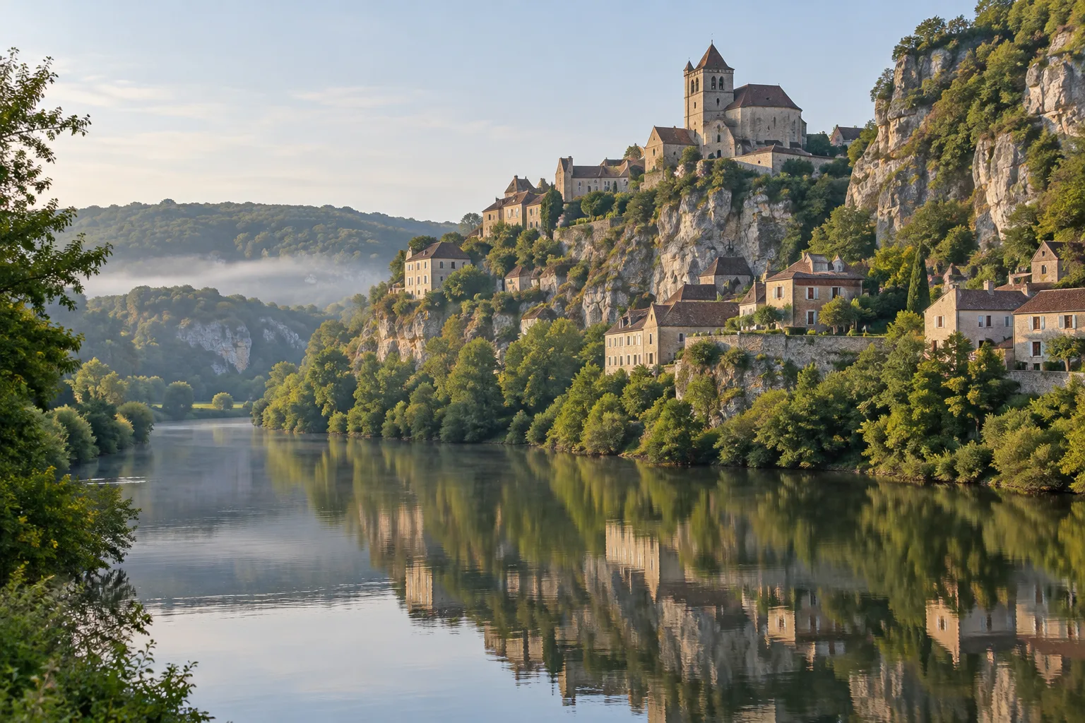 Saint-Cirq-Lapopie perché au-dessus du Lot, entre falaises calcaires et toits de pierre.