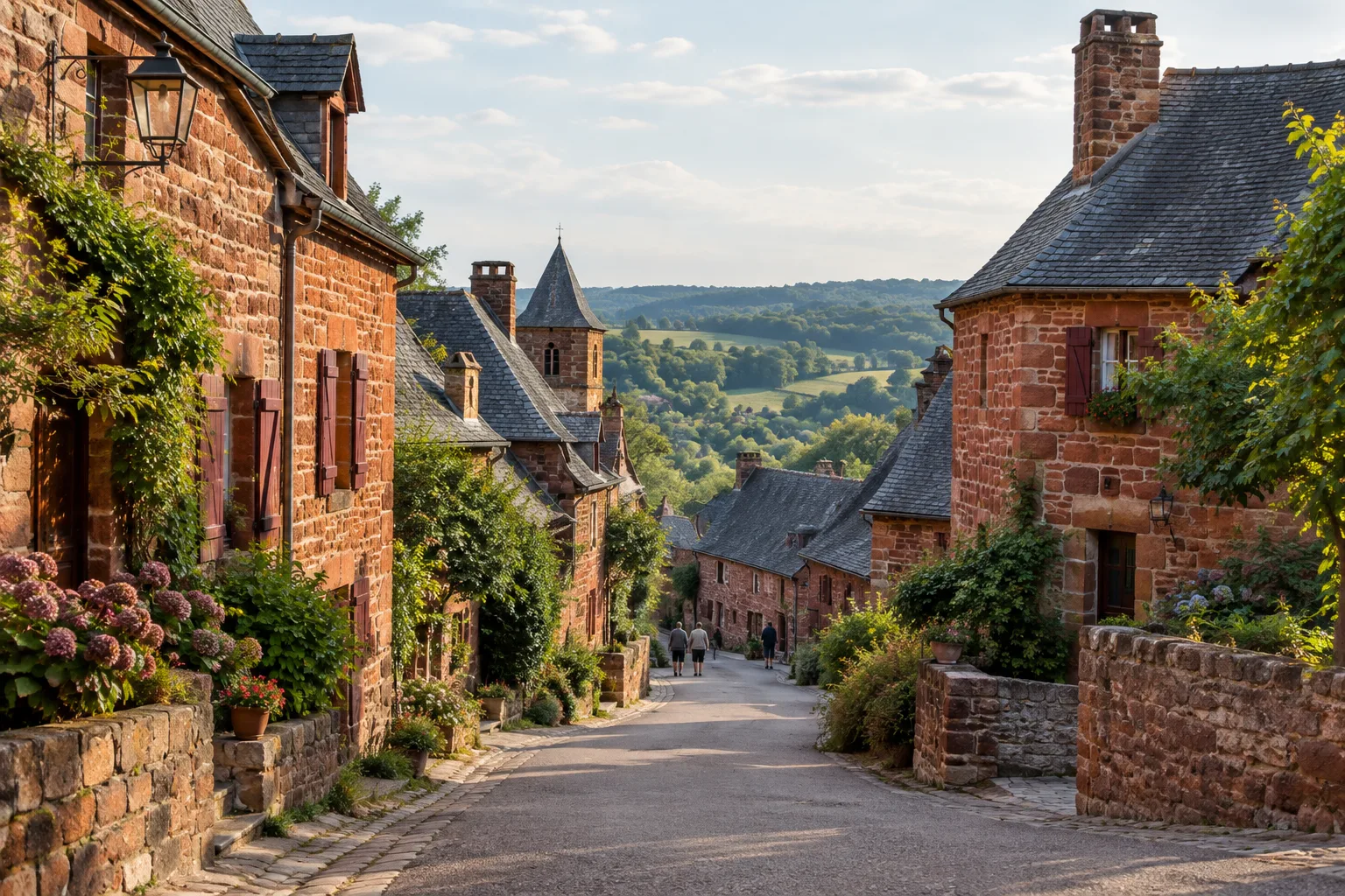 Rue bordée de maisons en grès rouge à Collonges-la-Rouge, avec les toits d’ardoise et la campagne en arrière-plan.