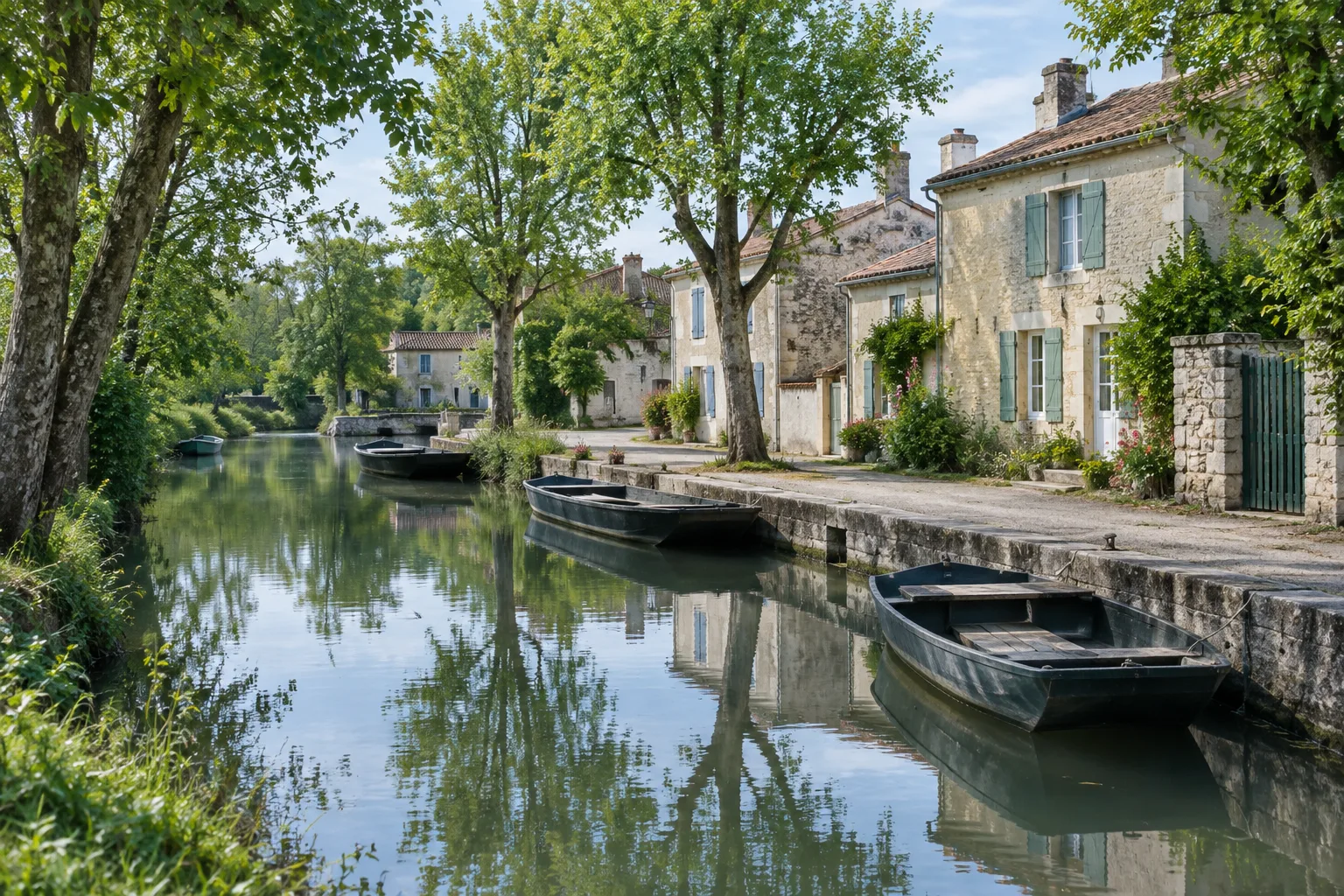 De petites barques sont amarrées près des maisons anciennes, le long du port d’Arçais.