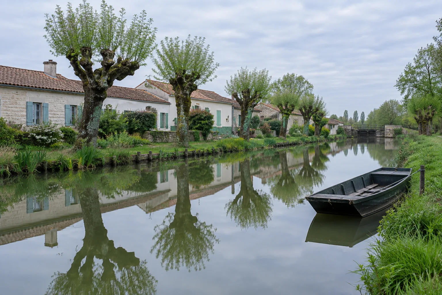 Une barque amarrée le long d’un canal bordé de maisons et de frênes dans le Marais poitevin.