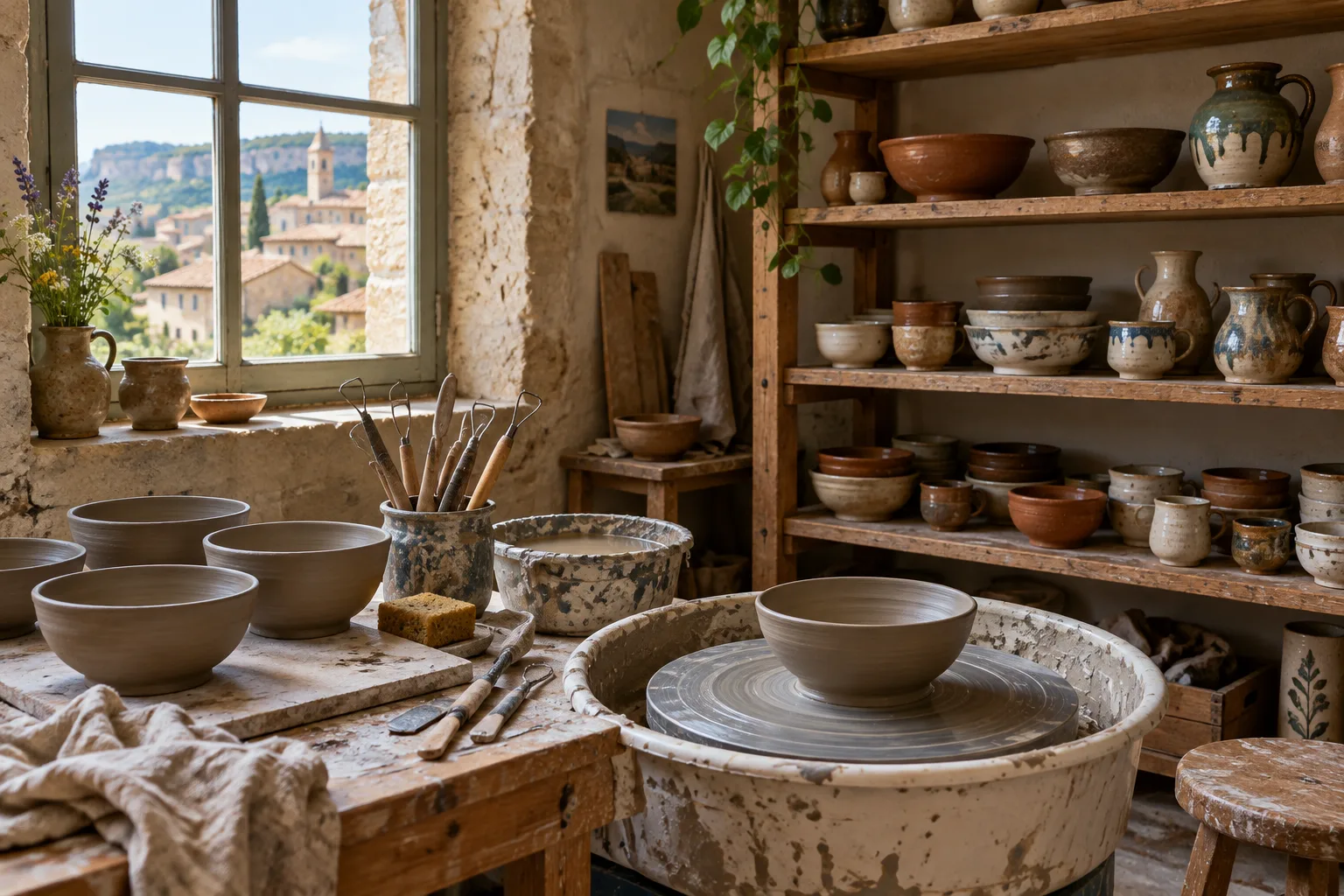 Un atelier de céramique à Dieulefit, avec un tour de potier et des pièces en terre en cours de fabrication.