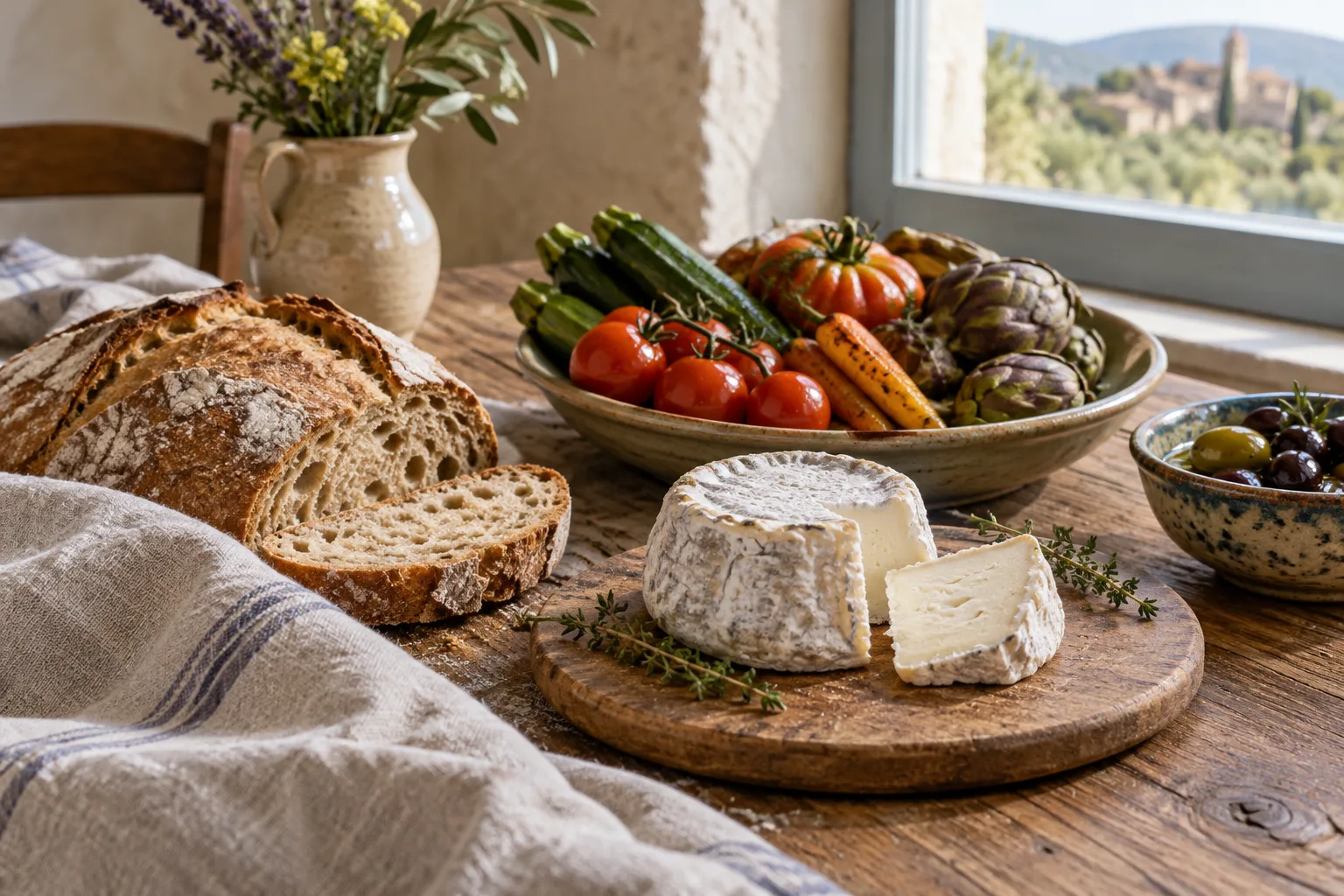 Un picodon accompagné de pain de campagne et de légumes de saison sur une table en bois.