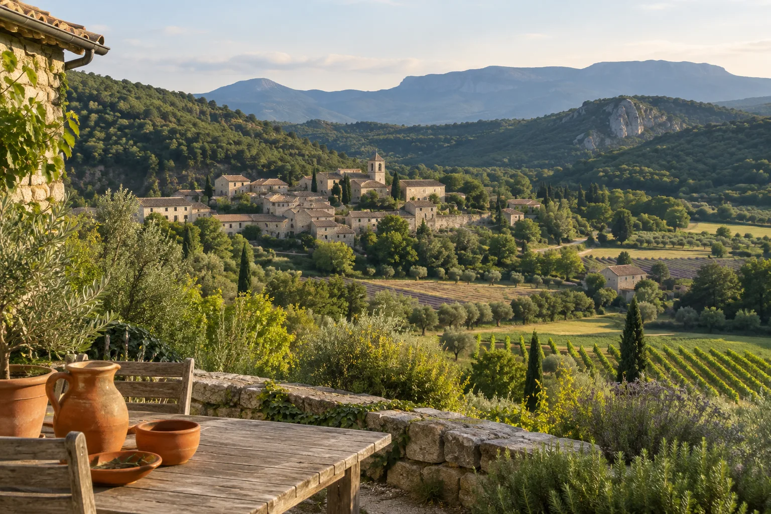 Un village de pierre de la Drôme provençale entouré de collines, avec des poteries en terre cuite au premier plan.
