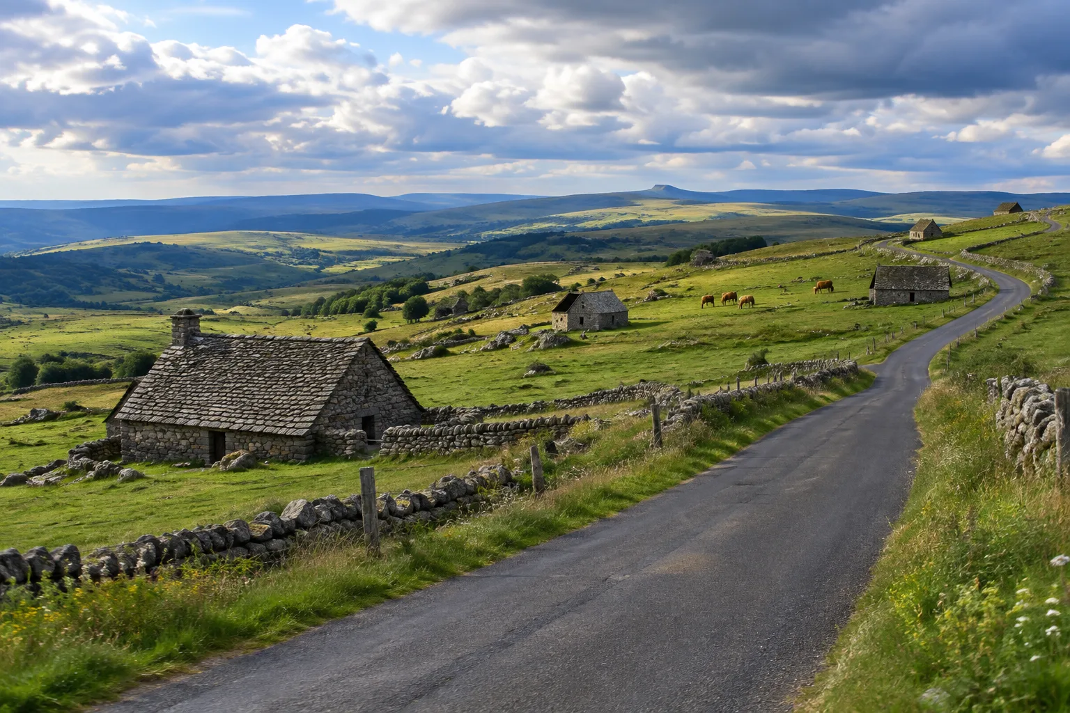 Une petite route traverse les pâturages et les murets de pierre du plateau de l’Aubrac.