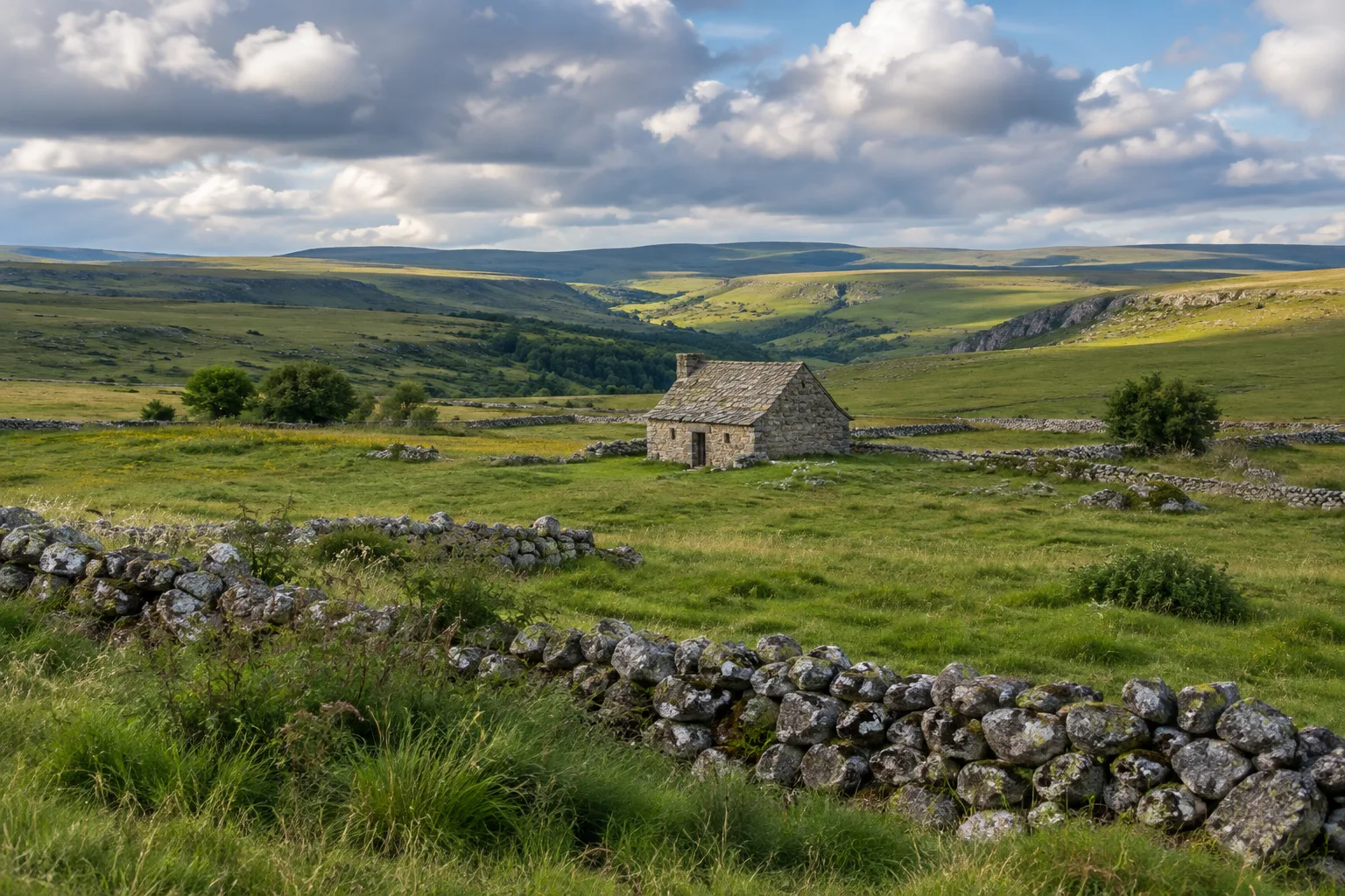 Pâturages et murets de pierre sur le plateau de l’Aubrac, sous un ciel changeant.