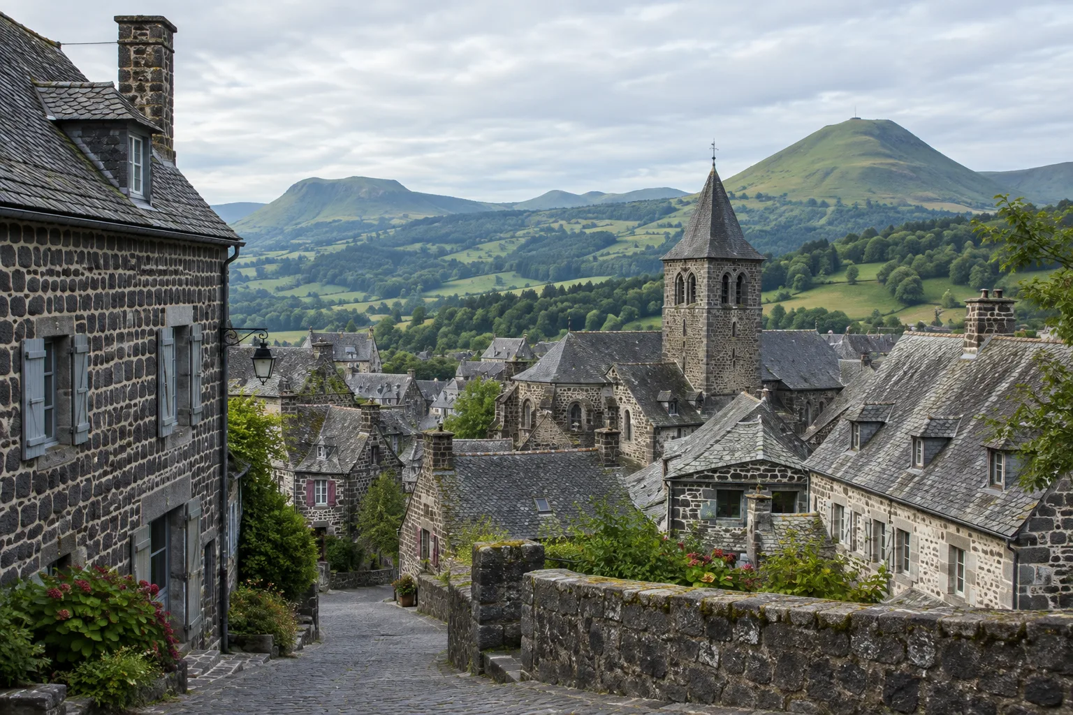 Les maisons de pierre sombre de Salers dominent les reliefs verdoyants du Cantal.