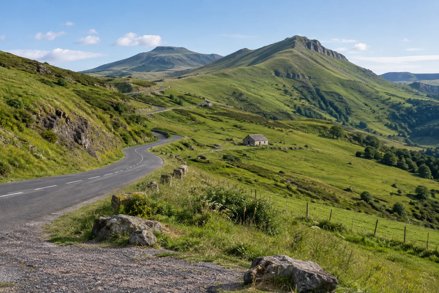 Route de montagne montant vers le Pas de Peyrol, entre pâturages et crêtes volcaniques du Cantal.