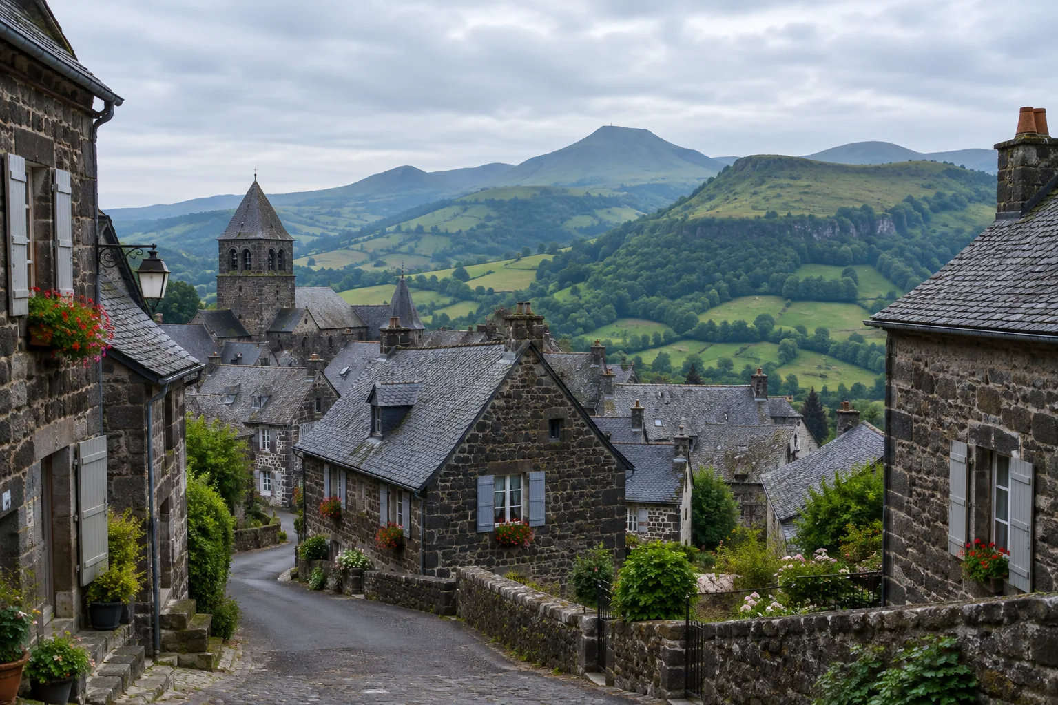 Maisons de pierre sombre dans le bourg de Salers, avec les reliefs du Cantal à l’arrière-plan.