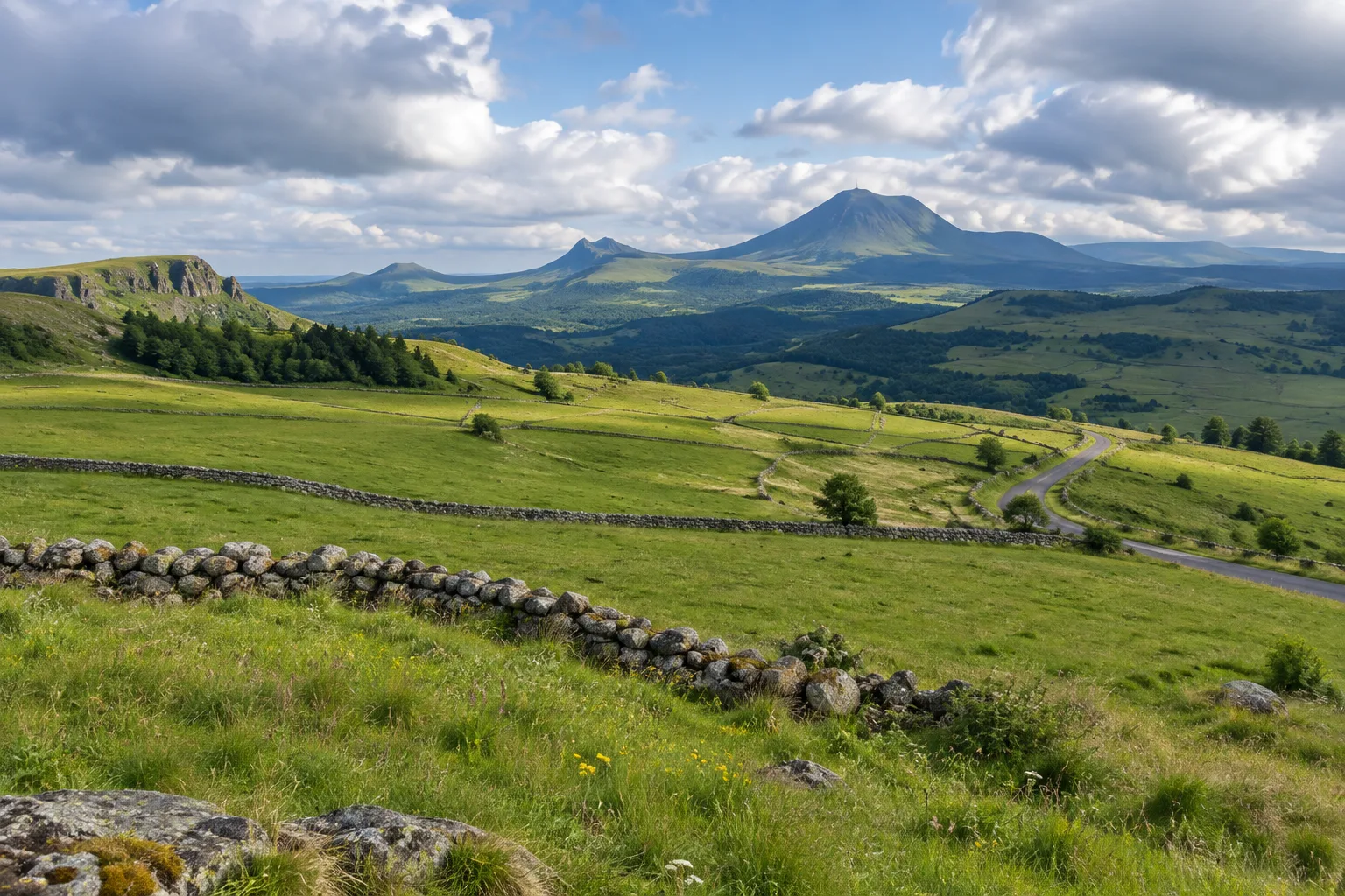 Prairies d’altitude bordées de murets, avec les monts du Cantal à l’horizon.