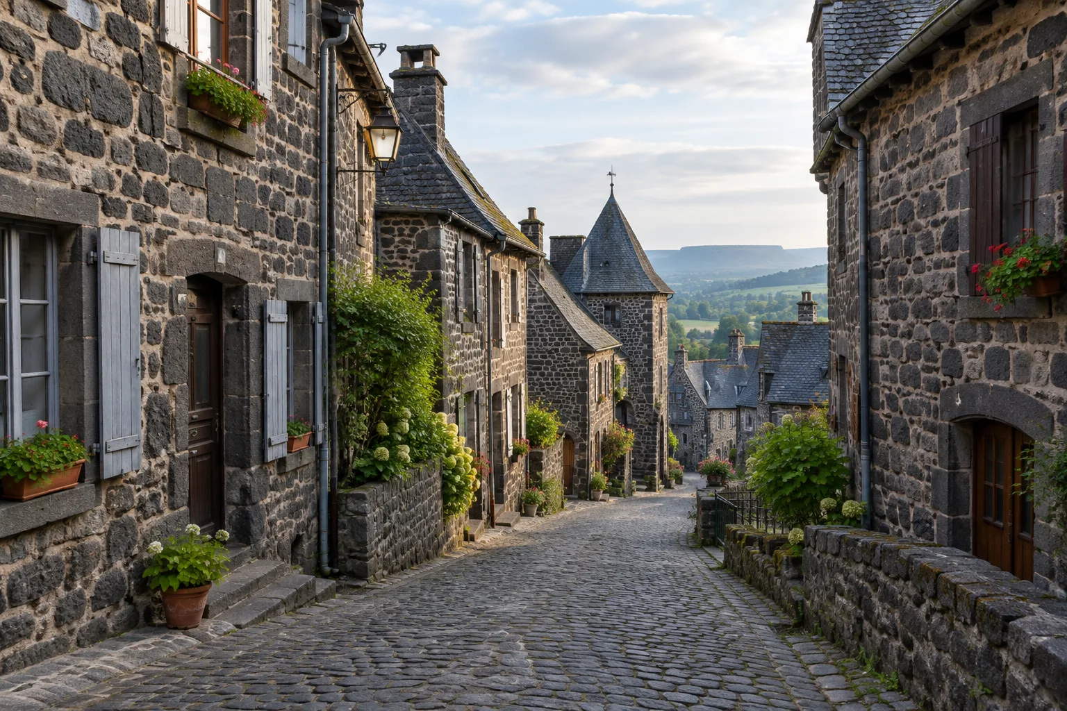 Rue pavée bordée de maisons en pierre sombre dans le village de Salers.