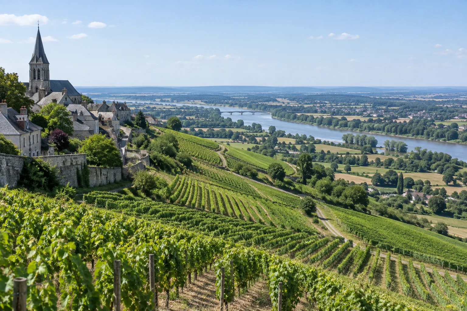 Des rangs de vignes suivent les coteaux autour de Sancerre, avec la vallée en arrière-plan.