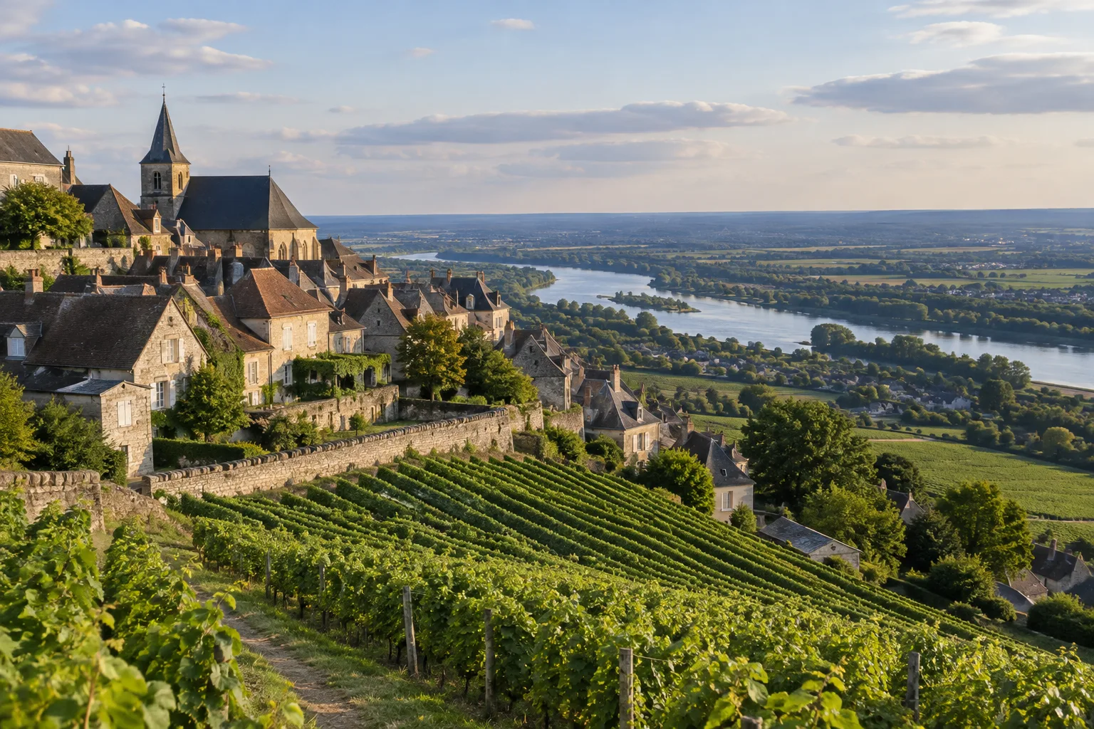 Les toits de Sancerre dominent les rangs de vignes et la vallée de la Loire.