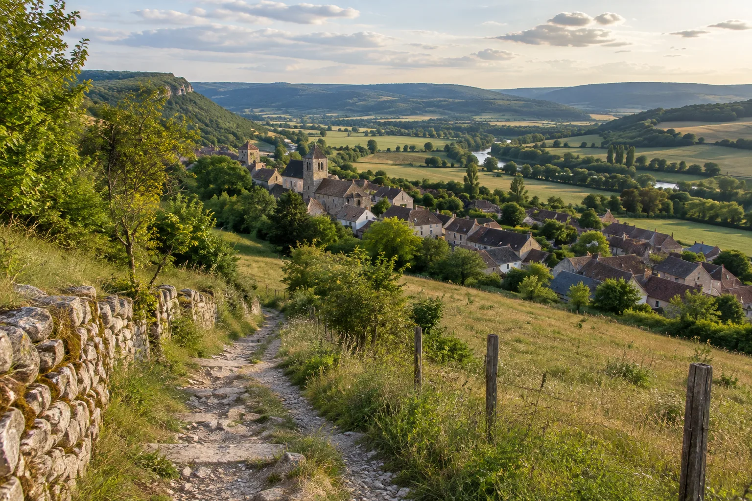 Un chemin descend de Vézelay vers les prés et le village d’Asquins.