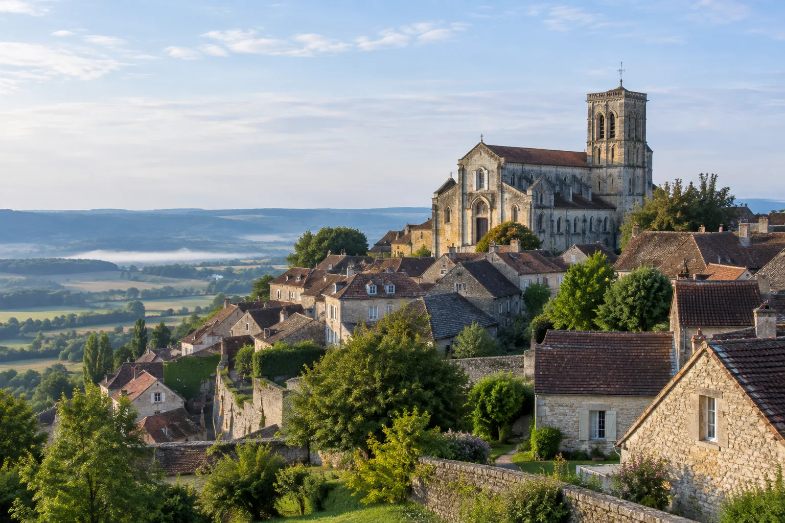 La basilique de Vézelay domine les toits du village et les paysages bourguignons.