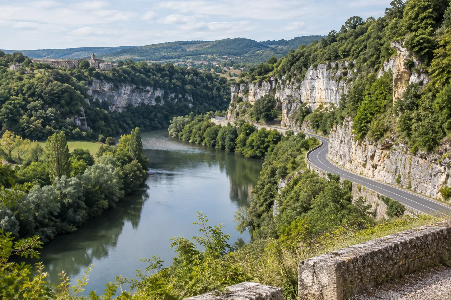 La route longe l’Aveyron au pied des falaises calcaires des gorges.