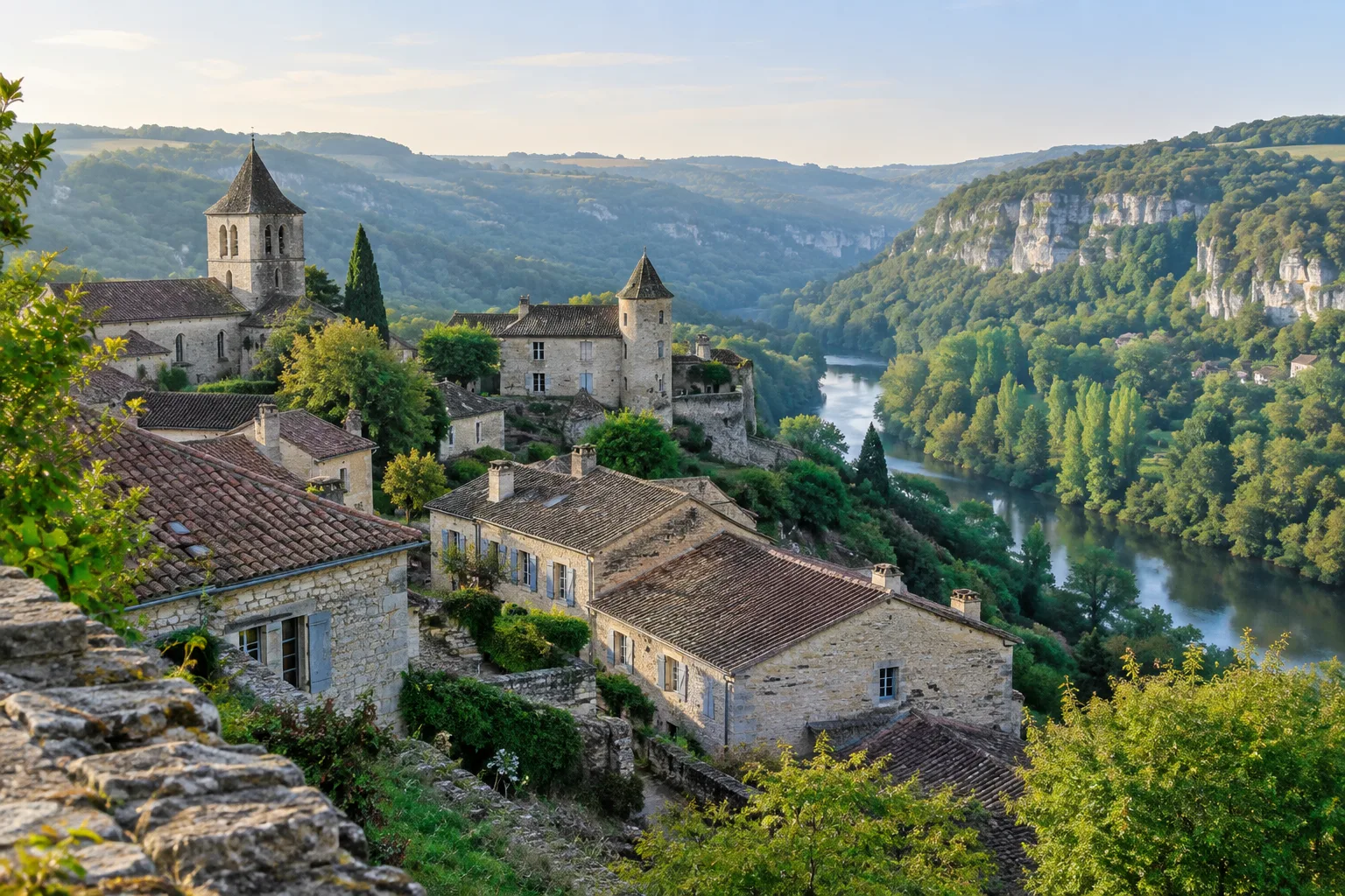 Les toits de Bruniquel dominent les pentes boisées de la vallée de l’Aveyron.