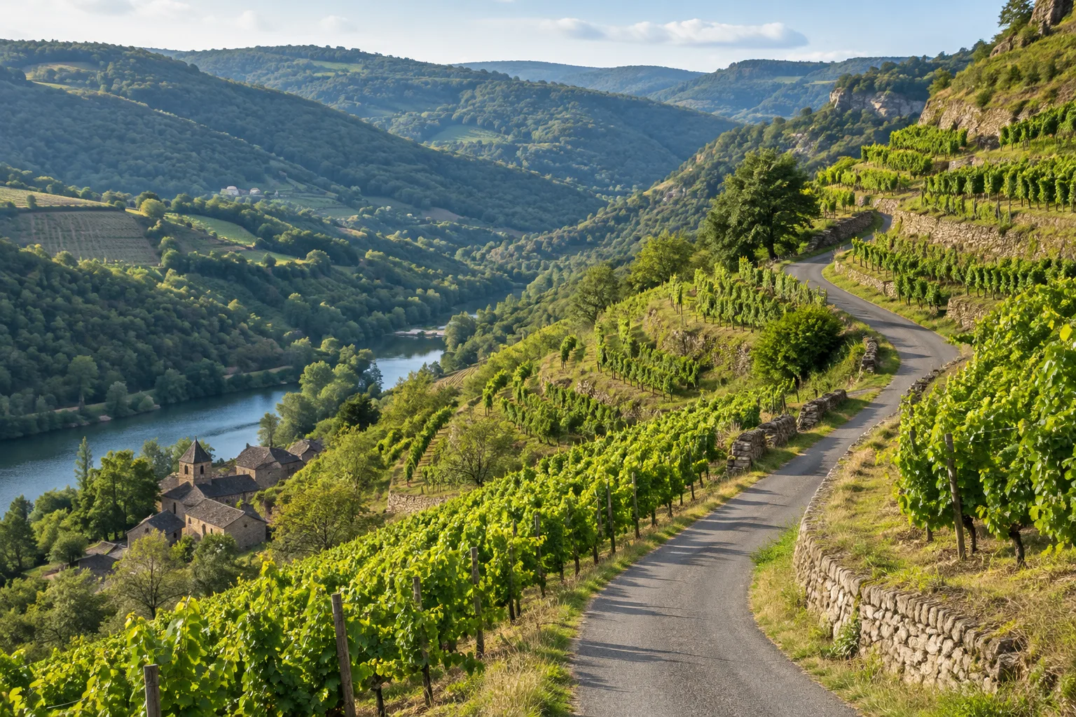 Des rangs de vignes en pente sur les coteaux autour du Fel, au-dessus de la vallée du Lot.