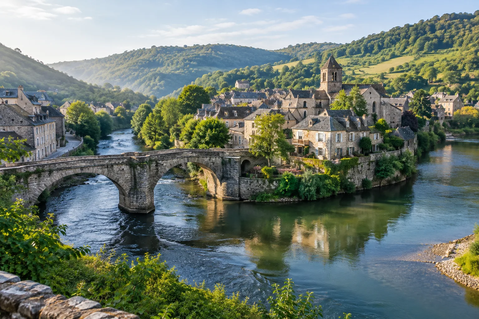 Le vieux pont de pierre et les maisons d’Entraygues-sur-Truyère au bord de la rivière.