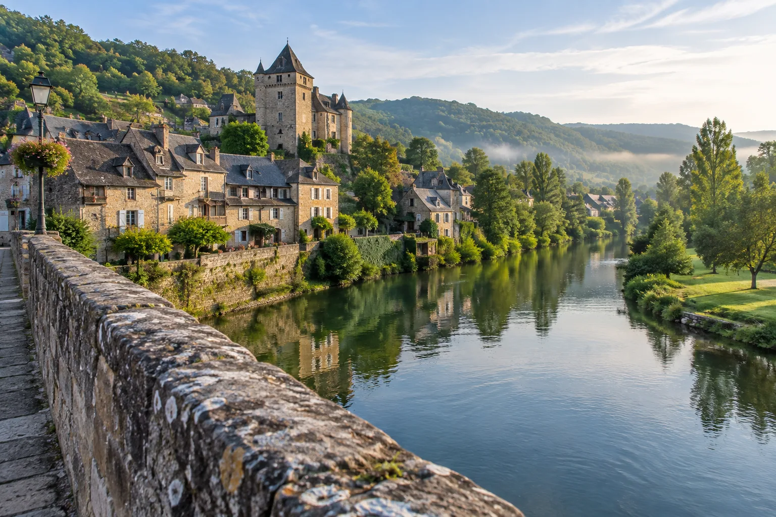 Depuis le pont de pierre, le Lot passe au pied des maisons anciennes d’Estaing.